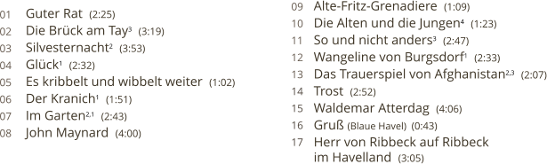 Guter Rat  (2:25) Die Brück am Tay3  (3:19)   Silvesternacht2  (3:53) Glück1  (2:32) Es kribbelt und wibbelt weiter  (1:02) Der Kranich1  (1:51) Im Garten2,1  (2:43) John Maynard  (4:00) 01 02 03 04 05 06 07 08  Alte-Fritz-Grenadiere  (1:09) Die Alten und die Jungen4  (1:23) So und nicht anders3  (2:47) Wangeline von Burgsdorf1  (2:33) Das Trauerspiel von Afghanistan2,3  (2:07) Trost  (2:52) Waldemar Atterdag  (4:06) Gruß (Blaue Havel)  (0:43) Herr von Ribbeck auf Ribbeck  im Havelland  (3:05)  09 10 11 12 13 14 15 16 17